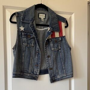 Forever 21 Blue Denim Vest with Red and White Accents